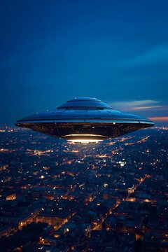 Sleek saucer hovers above glowing cityscape