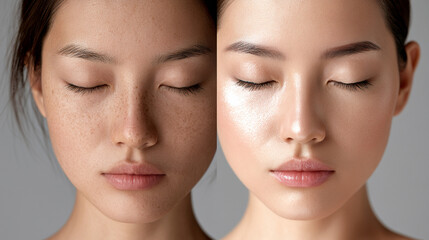 Fototapeta premium Comparison of natural skin texture and enhanced skin appearance in studio lighting