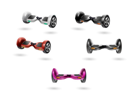Five hoverboards in different colors on transparent background