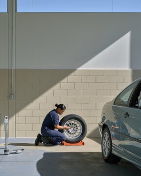 Sand beige breeze-block wall with copy space, featuring a technician performing winter car maintenance for automotive service and care
