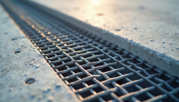 Close-up of a metal storm drain grate embedded in wet concrete pavement, with shallow depth of field and warm sunlight creating shadows across the gridded surface.