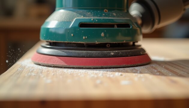 A teal orbital sander with red and black sanding pads sits on a wooden surface covered in fine dust. The tool shows wear and rust spots, with sawdust particles visible in the air around the work...