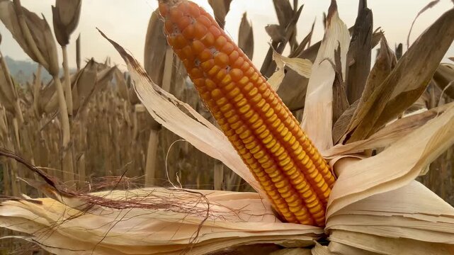 Close-up photo of a ripe corn cob on the stalk in a field at sunset