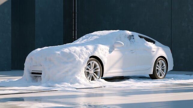 White sedan partially buried in snow against dark wall, winter scene with sunlight casting shadows on wet pavement