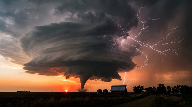 Massive supercell thunderstorm producing a tornado and lightning over a farm
