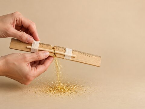 Two hands repairing a snapped wooden ruler with a dowel and medical tape, featuring glowing gold glitter for creative repair and education campaigns