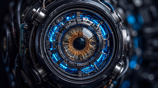 Close up of futuristic cybernetic bionic eye with blue glowing neon light and mechanical details