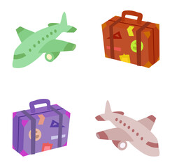 Colorful travel suitcases and airplanes for adventure transparent background © Mahmuda