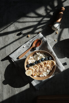 Breakfast oatmeal cereal with blueberry top view
