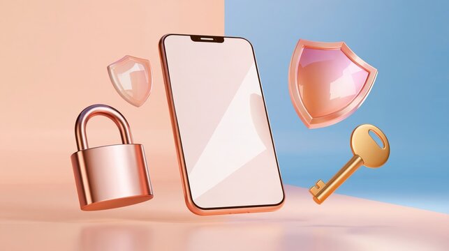 Smartphone with rose gold padlock, golden key, and translucent shields on pastel pink and blue background, security concept with clean modern composition