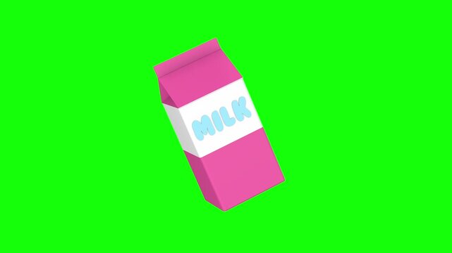 Pink milk carton with a white label and blue lettering rotates on a bright chromakey background. Stylized dairy packaging shown from different angles for beverage advertising projects. 3D animation