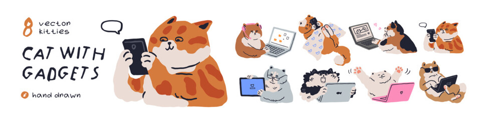 Fototapeta na wymiar Funny cats with gadgets. Cute animals with mobile phone in paws, laptop computer. Cute funny cat characters work, study and relax online. Flat vector illustrations isolated on white background