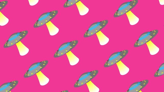 Flying saucers with blue domes and yellow light beams move in a repeating pattern on a vivid pink background. Playful extraterrestrial spacecraft design for science fiction visuals. 3D animation