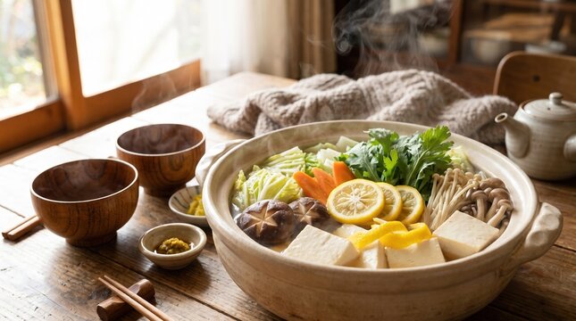 野菜と豆腐と柚子がたっぷり入った冬の和風鍋