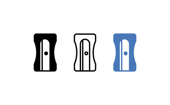 Minimalist pencil sharpener icon set, school and office stationery symbols, black and blue line art vector graphics on white background