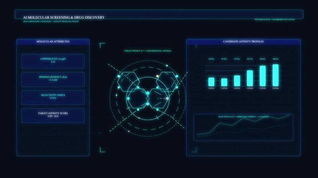 Abstract futuristic digital interface display with glowing data visualizations, charts and graphs, motion graphic loop