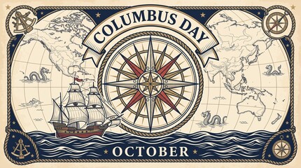 Obraz premium Vintage Nautical Columbus Day Illustration featuring a Classic Compass Rose Sailing Ship and World Map Background