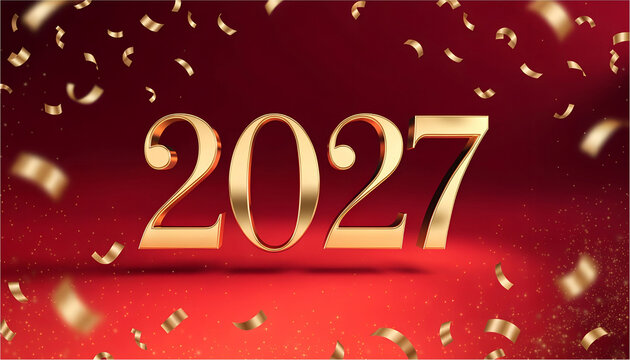 Festive New Year 2027 background, elegant gold 2027 numbers, rich red gradient background, floating golden confetti, sparkling light particles - 1