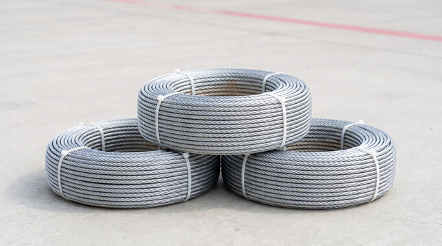 Three coiled galvanized steel wire ropes stacked on a concrete floor for industrial use