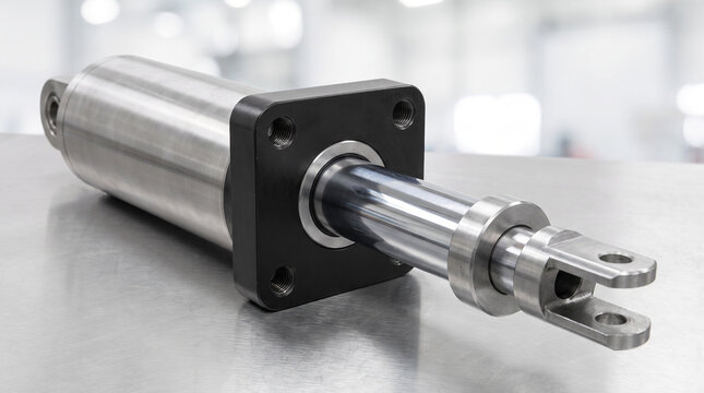 Polished hydraulic cylinder with clevis rod end on a metallic surface, used in industrial machinery