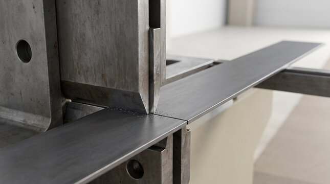 Close-up of an industrial shearing machine blade cutting a flat steel sheet with precision