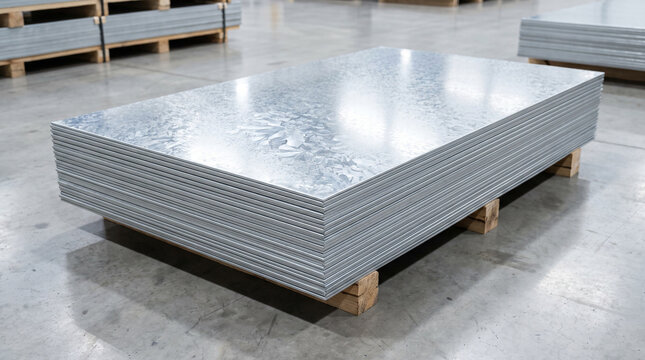 Stacked galvanized steel sheets on a wooden pallet inside a clean industrial warehouse