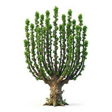 Sculptural pollarded tree with upright leafy branches isolated on white background
