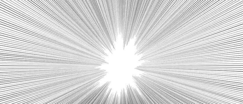 Manga speed lines background, black and white comic zoom effect, radial motion blur texture for action scenes and superhero illustrations