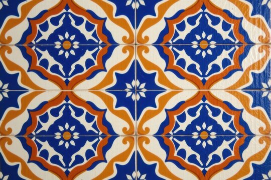 A Moroccan tile pattern featuring central floral medallions surrounded by interlocking geometric borders in terracotta and cobalt blue.
