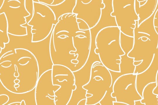 A continuous single line doodle pattern of abstract faces and overlapping profiles in white ink on a warm beige background.