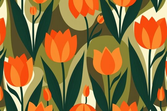 A retro 1960s mod floral pattern with stylized, flat color tulips in olive green, bright orange, and chocolate brown.