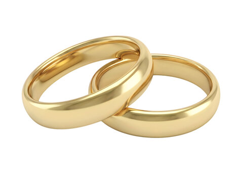Two shiny gold wedding rings linked together representing love and marriage commitment