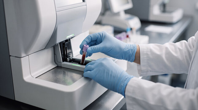 high-end hematology laboratory photo, macro close-up of a laboratory professional's gloved hands loading a small blood sample into a modern automated hemoglobin analyzer