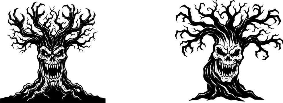 Creepy Halloween monster trees with scary skull faces and gnarled twisted branches vector black and white illustration isolated on white background