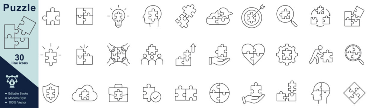 Puzzle Web line icon set including teamwork, creativity, problem solving, connection, strategy, ideas, and collaboration. editable stroke