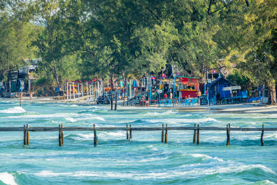 Colorful beach village at Saracen Bay on the island of Koh Rong Sanloem, Cambodia landscape