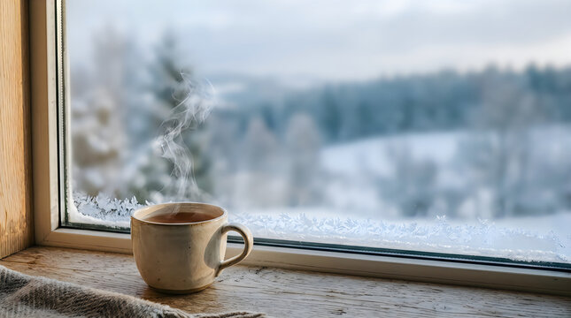 Steaming cup of hot coffee on a windowsill overlooking snowy winter forest with hot drink hot beverage cozy home winter landscape looking out