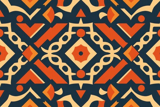 A tribal geometric seamless pattern featuring interlocking stepped frets and bold triangles in earthy shades of terracotta, ochre, and charcoal.
