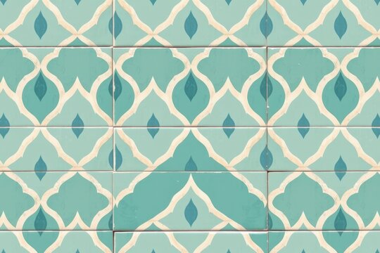 A Moroccan tile pattern featuring elegant, teardrop shaped arabesque interlocking tiles in shades of seafoam green and soft white.