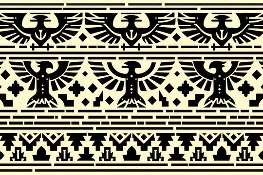 A geometric tribal border design consisting of repeating Aztec inspired thunderbird motifs and sharp zigzags in black and white.
