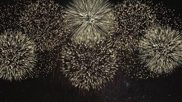Golden fireworks exploding in starry night sky with shimmering light trails and festive sparks for celebration event.