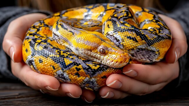 A person holds a coiled yellow and black python in their hands against a blurred background.