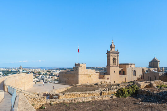 Panorama with ancient walls of the Citadel fortress and Cathedral of the Assumption and city on the horizon, Victoria - Gozo MALTA