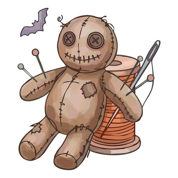 Cute Spooky Voodoo Doll with Pins and Large Thread Spool Vector Illustration
