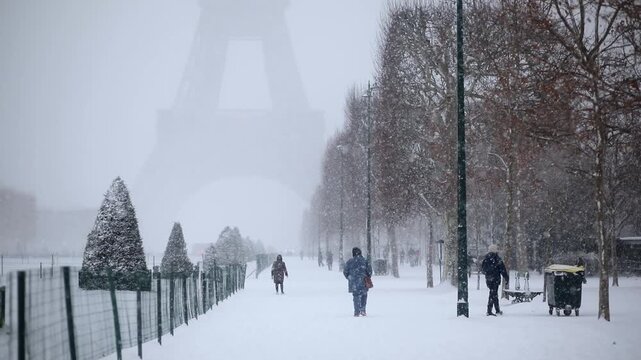 People walking through heavy snowfall on Champ de Mars near the Eiffel Tower in Paris. Snowstorm covers the scene in a wintery haze, creating a magical and atmospheric view of the city