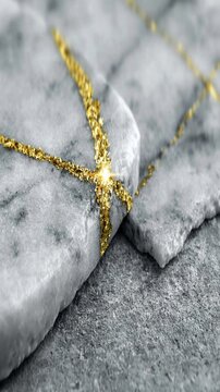Close-up of grey stone tiles with gold glitter grout lines and a bright sparkle at the intersection on a textured background.