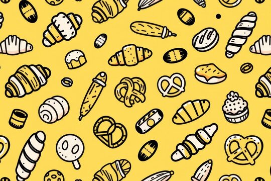 A quirky line art doodle pattern of various sketched bakery items, including croissants, baguettes, and pretzels, on a warm yellow background.