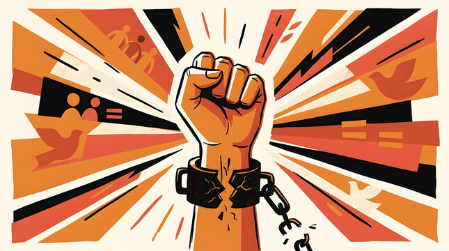 Bold editorial-style illustration symbolizing freedom, dignity, equality and human rights through a raised fist emerging from a broken restraint
