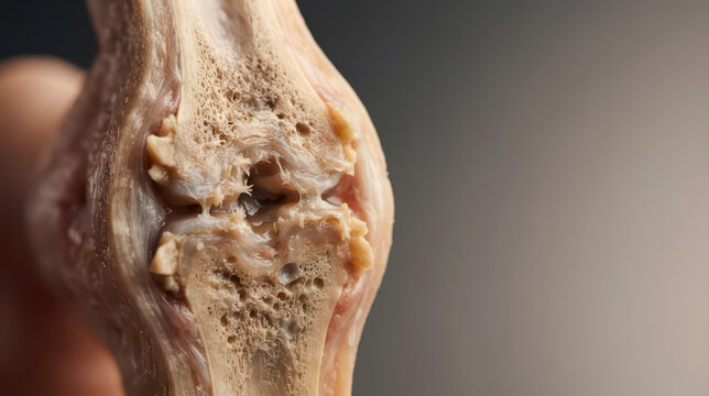 Medical anatomy disease visualization of human joint showing severe bone degeneration and cartilage damage for clinical education and diagnostic research