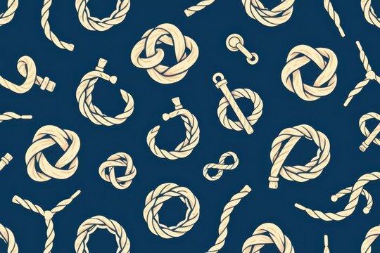 A boho coastal pattern featuring hand drawn, minimalist illustrations of nautical knots and twisted ropes in soft navy and sandy beige.